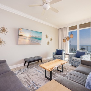 Breathe in gulf air from the balcony, then recline on the couch and relax with your favorite show