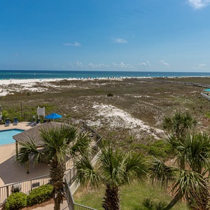 Stunning view of the beach and pool area, featuring lounge chairs, a path to the shore, and lush greenery