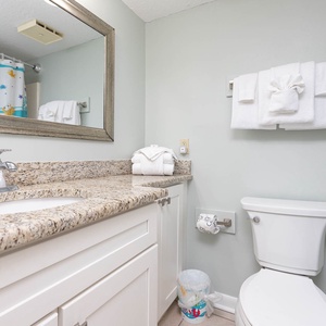The guest bathroom features a stylish granite countertop, colorful shower curtain, and fresh towels for a delightful stay