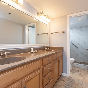 Master bathroom featuring dual sinks, wooden cabinetry, and a walk-in shower with elegant tile work