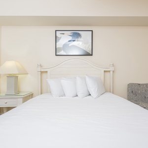 This bedroom features a comfortable queen bed, a stylish lamp, and a charming bird print, perfect for a restful stay