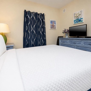 This bedroom features a comfortable bed, a TV for entertainment, and stylish blue decor, perfect for relaxation