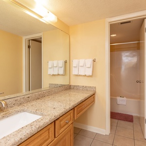 Master bathroom featuring a spacious countertop, a large mirror, and a tub/shower combo for a refreshing experience