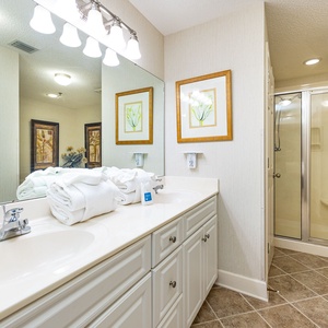Refresh in the master bathroom featuring dual sinks, elegant decor, and a walk-in shower for your comfort