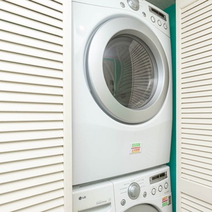 Convenient in-unit laundry appliances tucked away in a stylish closet for effortless vacation living