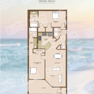 Spacious two-bedroom layout with beachfront balcony access from the living area and master suite