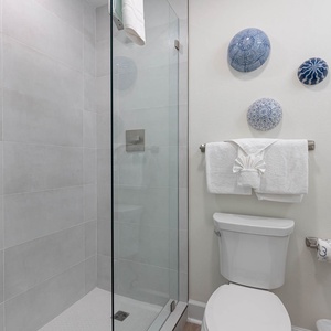 This bathroom features a sleek glass walk-in shower, modern décor, blue accents, and fresh towels for a refreshing retreat