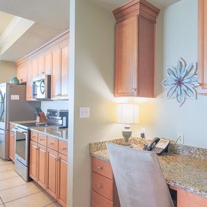 Plan your next beach adventure or catch up on emails at this workspace with complimentary WiFi