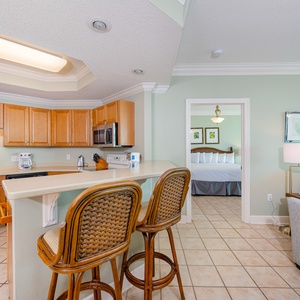 Sip your morning coffee at the breakfast bar and get ready for a day of adventure in this stylish space