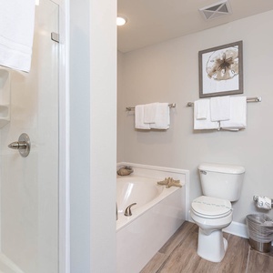 Indulge in relaxation in the master bath with a soothing tub and walk-in shower for refreshing moments after a beach day