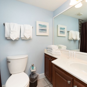 The guest bathroom features a clean design with a light blue wall, ample towels, and a spacious vanity with a large mirror