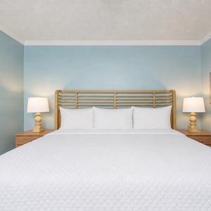Drift into peaceful slumber in this serene bedroom, surrounded by soothing blue tones and plush bedding
