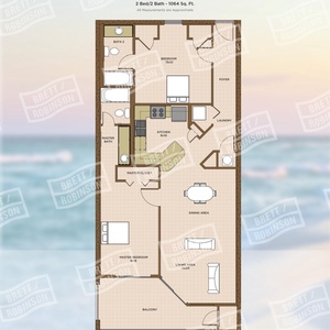 Floor plan showcasing a two-bedroom, two-bath residence with a spacious living area, dining space, and master on the beach