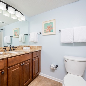 Guest bathroom featuring a stylish granite countertop, decorative artwork, and fresh towels for a comfortable stay