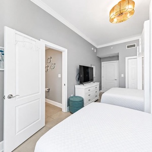 Stream your favorite shows from the guest bunk room with two lofted twins above two cozy queen beds