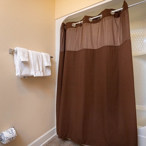This bathroom features a clean design with a brown shower curtain, fresh towels, and a relaxing atmosphere