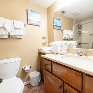 The guest bathroom features a light-colored vanity, a mirror, and a tub/shower combo with a vibrant shower curtain