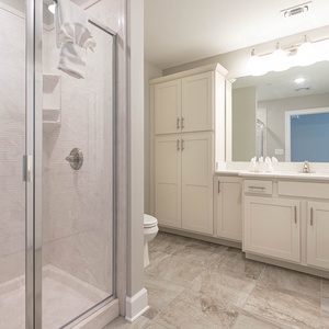 Experience the spacious walk-in shower in the guest bath with sleek cabinetry and open design