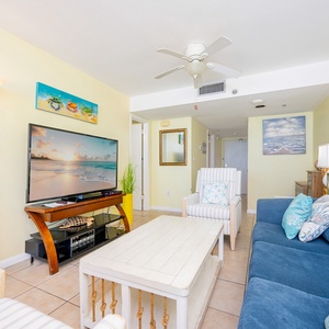 Relax on the blue sofa in the living room while streaming your favorite show on the large TV