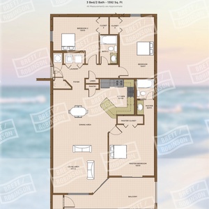Floor plan showcasing a three-bedroom, two-bath residence with open living area, dining space, and a balcony