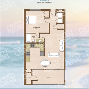This floor plan showcases a one-bedroom residence with an open living area, modern kitchen, and a balcony for relaxation