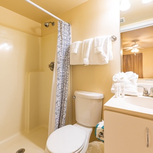 The master bathroom features fresh towels, walk-in shower and a clean, bright vanity area