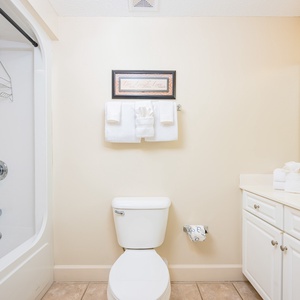 Freshen up in this guest bath in the relaxing shower or soothing tub before an exciting day