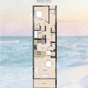 One-bedroom hotel suite with a separate living space, fully equipped kitchen, one and a half baths, and a beachfront balcony