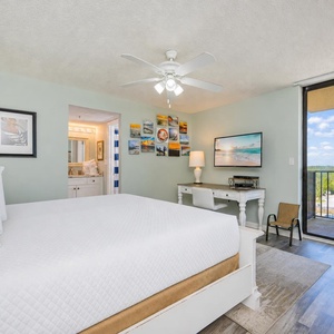 Relax in your king master suite while watching tranquil beach scenes and enjoying fresh air from the balcony