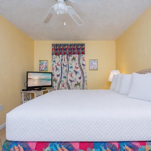 Bright curtains and coastal art brighten the guest suite with a queen bed and TV for relaxed evenings