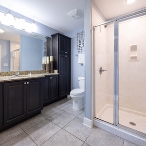 Experience a stylish guest bathroom featuring a granite countertop, ample storage, and a spacious shower