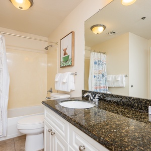 The guest bathroom features a stylish countertop, a colorful shower curtain, and ample lighting for a refreshing experience