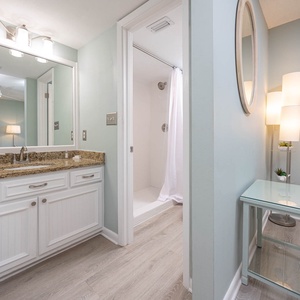 Refresh in the stylish master bathroom featuring a granite countertop, modern lighting, and a walk-in shower area
