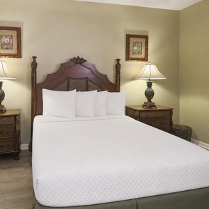 This cozy guest bedroom features a wooden bed frame, warm lighting from bedside lamps, and charming decor for a restful stay
