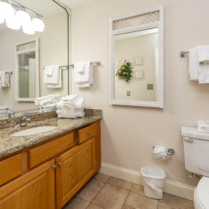 Refresh in the stylish guest bath featuring a granite countertop, ample towels, and decorative accents