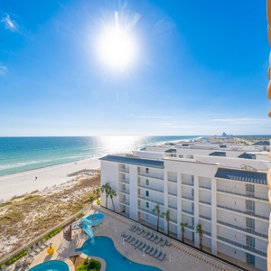 Gaze at the stunning balcony scenes as the gulf shimmers over the shore and pool below