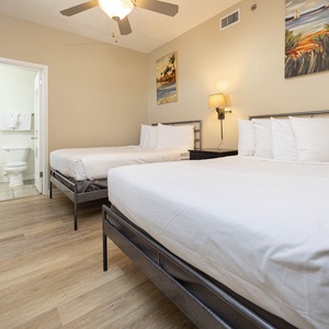 Guest bedroom featuring two double beds with crisp white linens, warm wood flooring, and a doorway leading to a bathroom