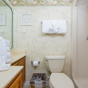 Guest bathroom featuring a single sink vanity, plush towels, and a shower curtain for a refreshing retreat
