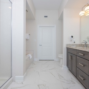 Enjoy a spacious master bathroom featuring a double vanity, elegant lighting, relaxing tub, and walk-in shower