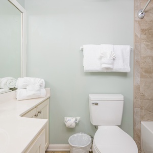 Refresh in this guest bathroom featuring a spacious vanity, plush towels, and a relaxing shower area