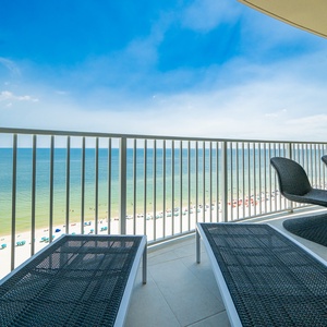 Enjoy stylish loungers and expansive views of the blue gulf water and stunning shoreline