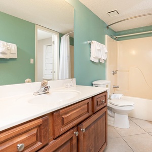 The guest bathroom features a light green accent wall, a spacious vanity with wooden cabinetry, and a tub/shower combo