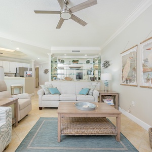 Relax on the plush sofa with a queen sleeper or twin sleeping chair and enjoy the soothing coastal decor