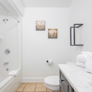 Enjoy a relaxing shower after a day of adventure in this guest bath with stylish accents and fluffy towels