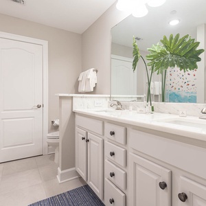 Refresh in the master bath after a day at the beach with a soothing tub and relaxing walk-in shower