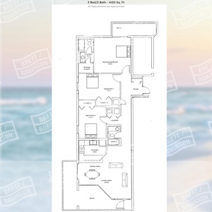 Three-bedroom layout with spacious living area, beach balcony from the living space, and north balcony from the master suite