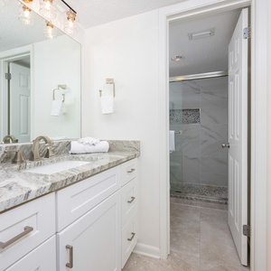 Elegant master bath featuring a spacious vanity with a granite countertop and a walk-in shower with stylish tile accents