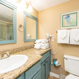 Granite countertop and soft towels await your fresh start beside the calming shower space in this guest bath