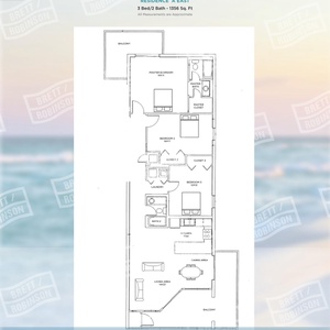 The floor plan showcases a three-bedroom, two-bath layout with a spacious living area, kitchen, and balconies