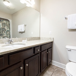 This bathroom features a stylish dark vanity with a spacious granite countertop, complemented by a decorative shower curtain